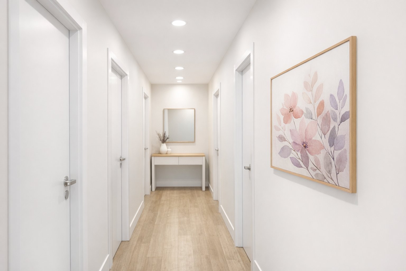 Corredor da clínica com quadro floral decorativo, Barra da Tijuca, RJ
