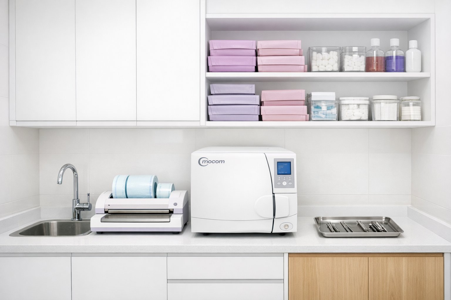 Bancada de esterilização com autoclave Mocom da Clínica Dra. Flavia Pousa