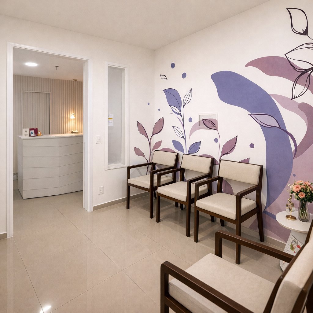 Sala de espera decorada da Clínica Dra. Flavia Pousa, Barra Olímpica, RJ